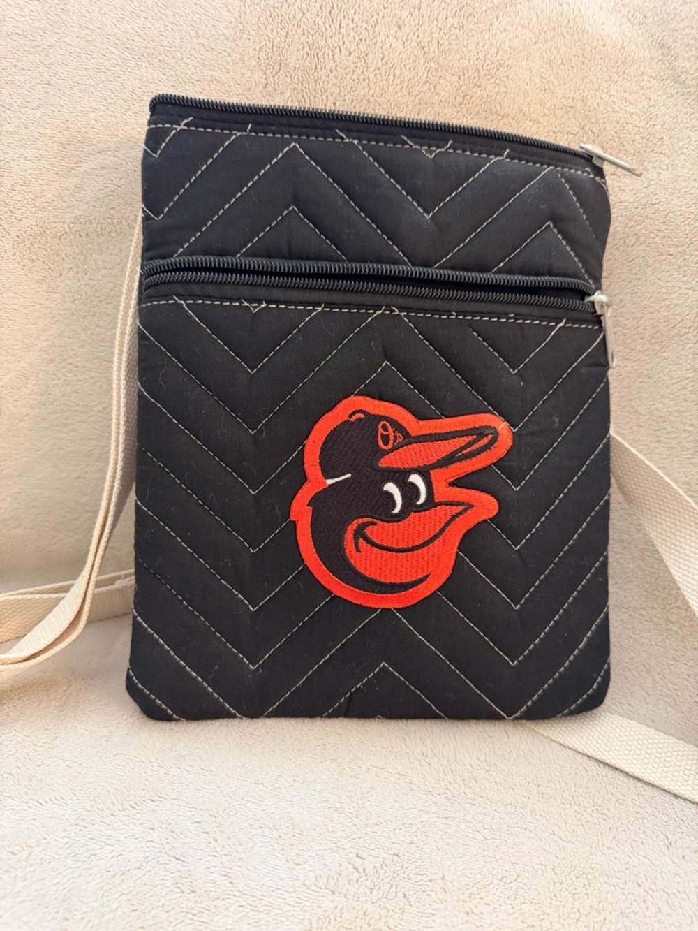 Black Quilted Crossbody Bag with Oriole Logo Patch